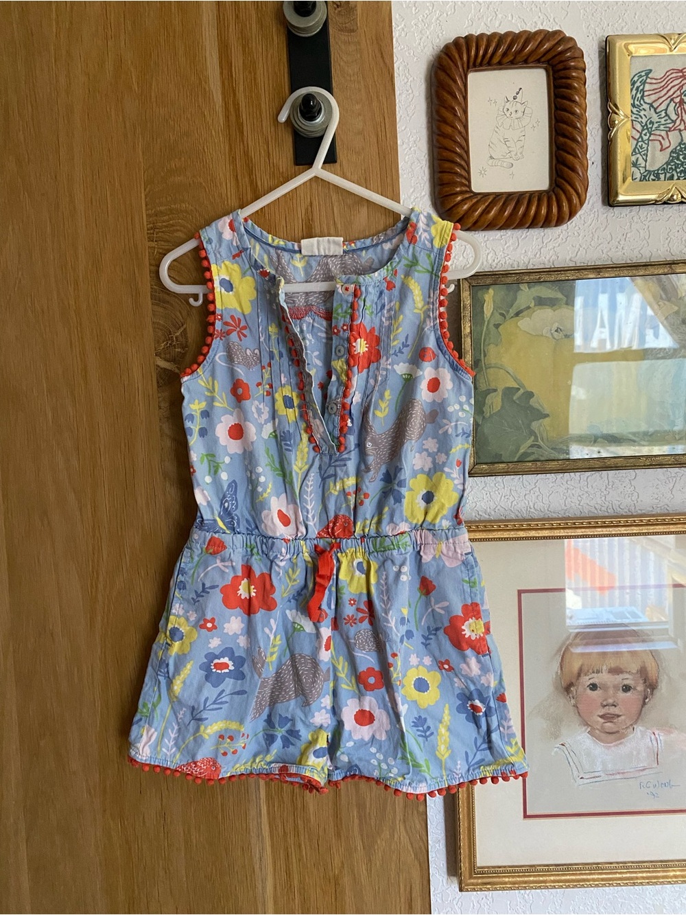 Mini Boden Floral Blue Romper with Pom Trim